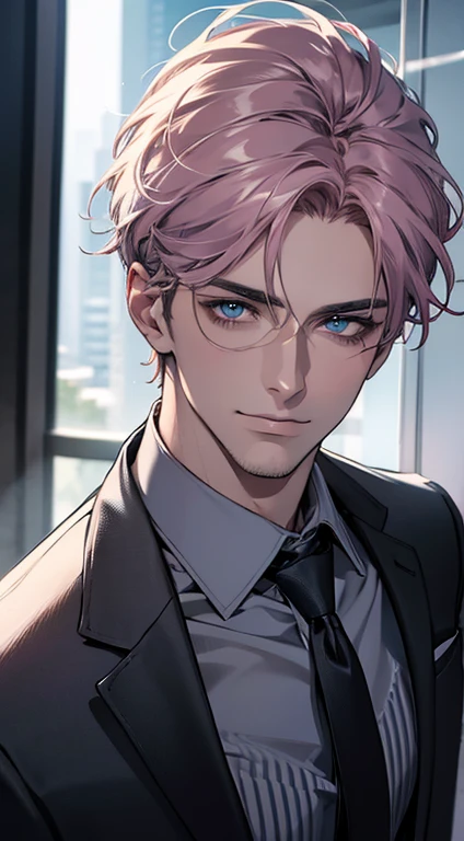 (best quality,4k,8k,highres,masterpiece:1.2),ultra-detailed,(realistic,photorealistic,photo-realistic:1.37),1 man,31 years old,mature man,very handsome,without expression,smile,short grey pink hair,blue eyes,penetrating gaze,perfect face without errors,imposing posture,businessman,office background,cinematic lighting,hdr image