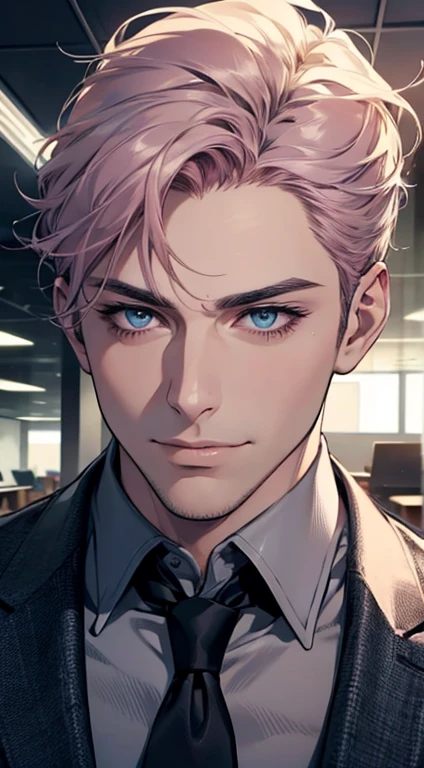 (best quality,4k,8k,highres,masterpiece:1.2),ultra-detailed,(realistic,photorealistic,photo-realistic:1.37),1 man,31 years old,mature man,very handsome,without expression,smile,short grey pink hair,blue eyes,penetrating gaze,perfect face without errors,imposing posture,businessman,office background,cinematic lighting,hdr image