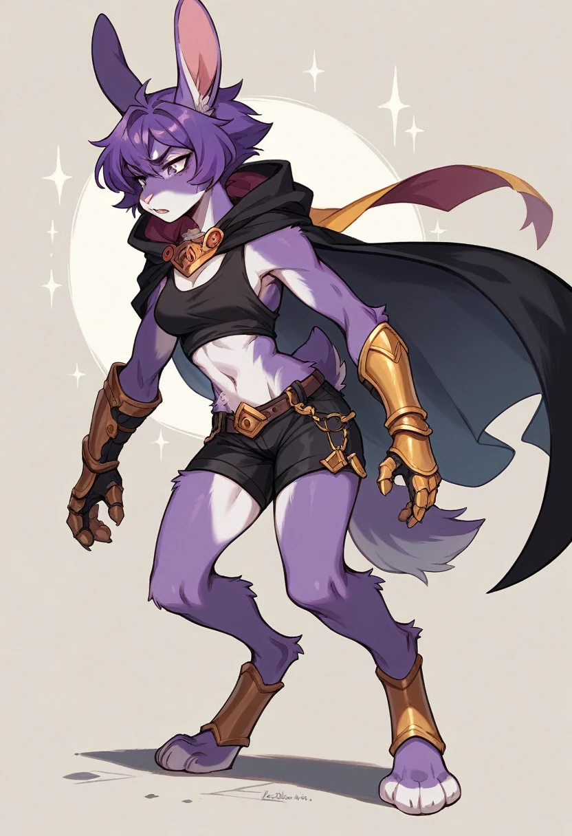 create a picture of a half rabbit character  with purple giant rabbit digitigrade legs with white paws, put purple rabbit ears on top of her head, make her wearing a royal looking black cloak with golden accents and black shorts with golden accents and black gauntlets with purple lights, put purple fur on her arms from her elbows down, give her short brown hair, make her legs look fluffy and furry, make her look like she’s leaping, make it in an anime style, keep her barefoot, make her wearing a black athletic tank top underneath the cloak, make the gauntlets black