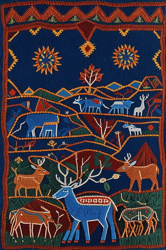 Mining, blue deer and simple huichol art