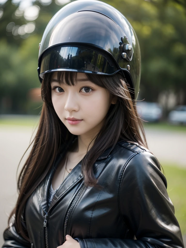 One motorcycle、parking、(Highest quality)、((Very detailed))、4K、(8K)、masterpiece、Very detailedな、Highest quality、Super Resolution、1 person、Kind Face、Soft Light、RAW quality、Soft Skin、163cm、30 years old、Long Hair、woman、Have a helmet
