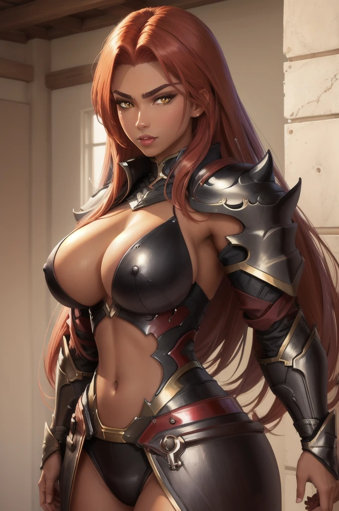 Masterpiece, detailed eyes, crimson red hair, dark skin, beautiful face, prominent cheek bones, Glowing yellow eyes, hkingrid, black armour, big breasts, giant breasts, bursting breasts, armour, guantlets, shoulder armour, gbfBK
