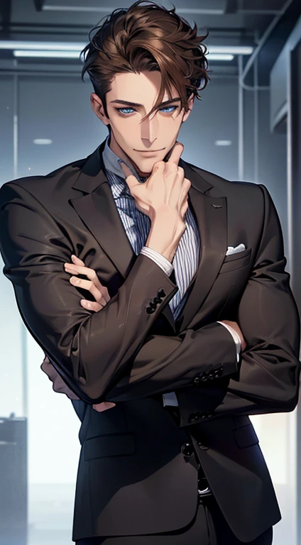 (best quality,4k,8k,highres,masterpiece:1.2),ultra-detailed,(realistic,photorealistic,photo-realistic:1.37),1 man,31 years old,mature man,very handsome,without expression,smile,short grey brown hair,blue eyes,penetrating gaze,perfect face without errors,imposing posture,businessman,office background,cinematic lighting,hdr image