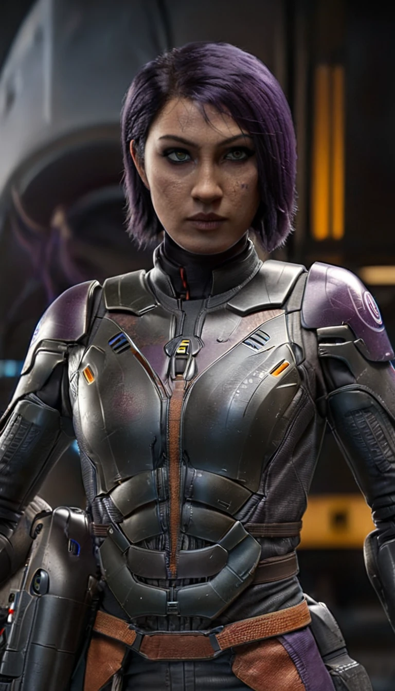 professional 3d model Cinematic scene, sabine wren, SILVER armor (HUGE BREASTS), Ghost in the Shell, detailed background, masterpiece, best quality, high quality, highres, absurdres . octane render, highly detailed, volumetric, dramatic lighting
