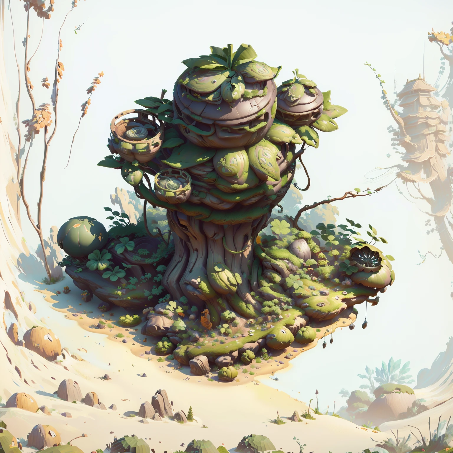 There is a small tree，There is a spherical building on top， Contains tree props, Game assets of plant and tree, stylized concept art, Stylized game art, Bonsai Tree House, Game image, 3D rendering style, Stylized 3d rendering, Stylized as 3D rendering, Game assets