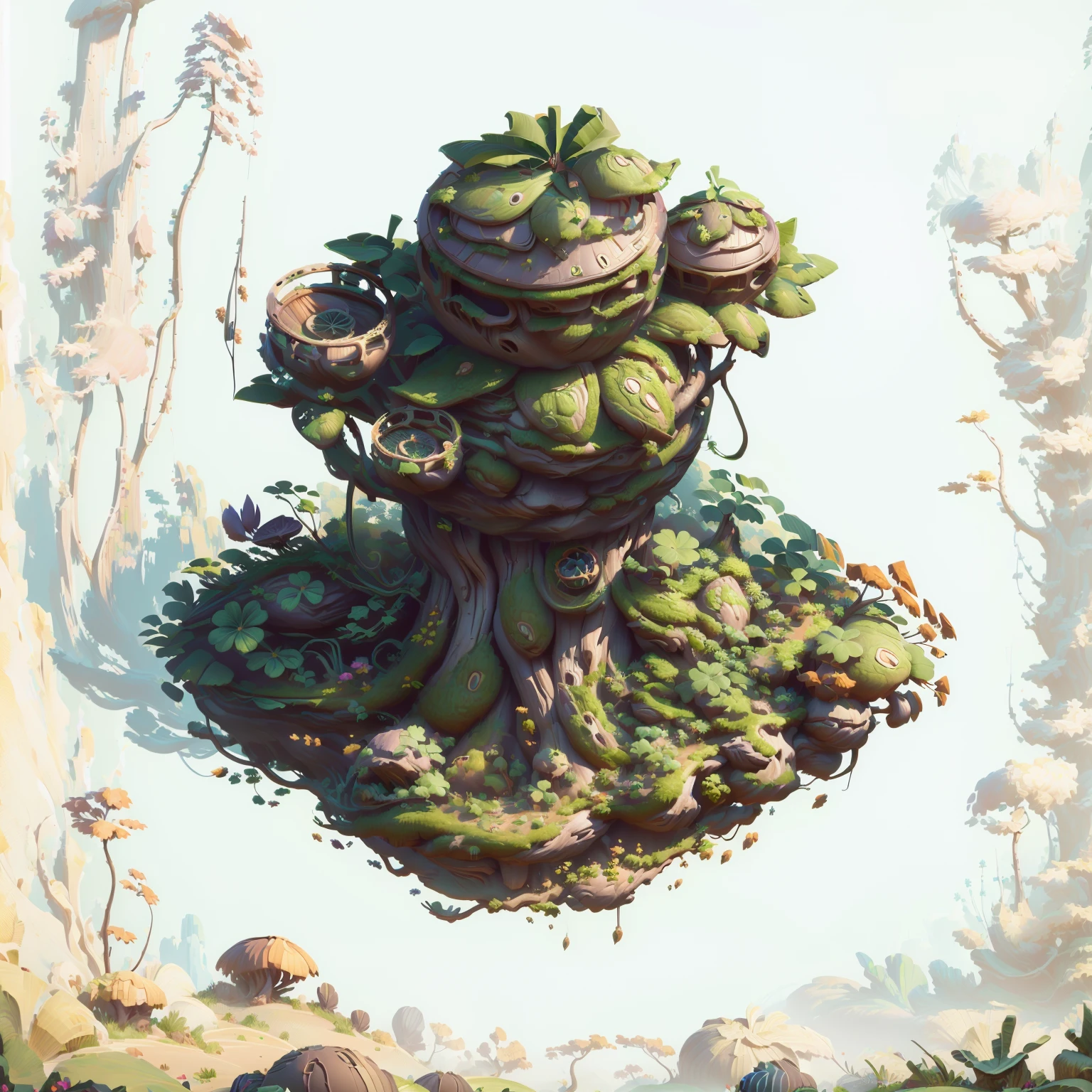 There is a small tree，There is a spherical building on top， Contains tree props, Game assets of plant and tree, stylized concept art, Stylized game art, Bonsai Tree House, Game image, 3D rendering style, Stylized 3d rendering, Stylized as 3D rendering, Game assets