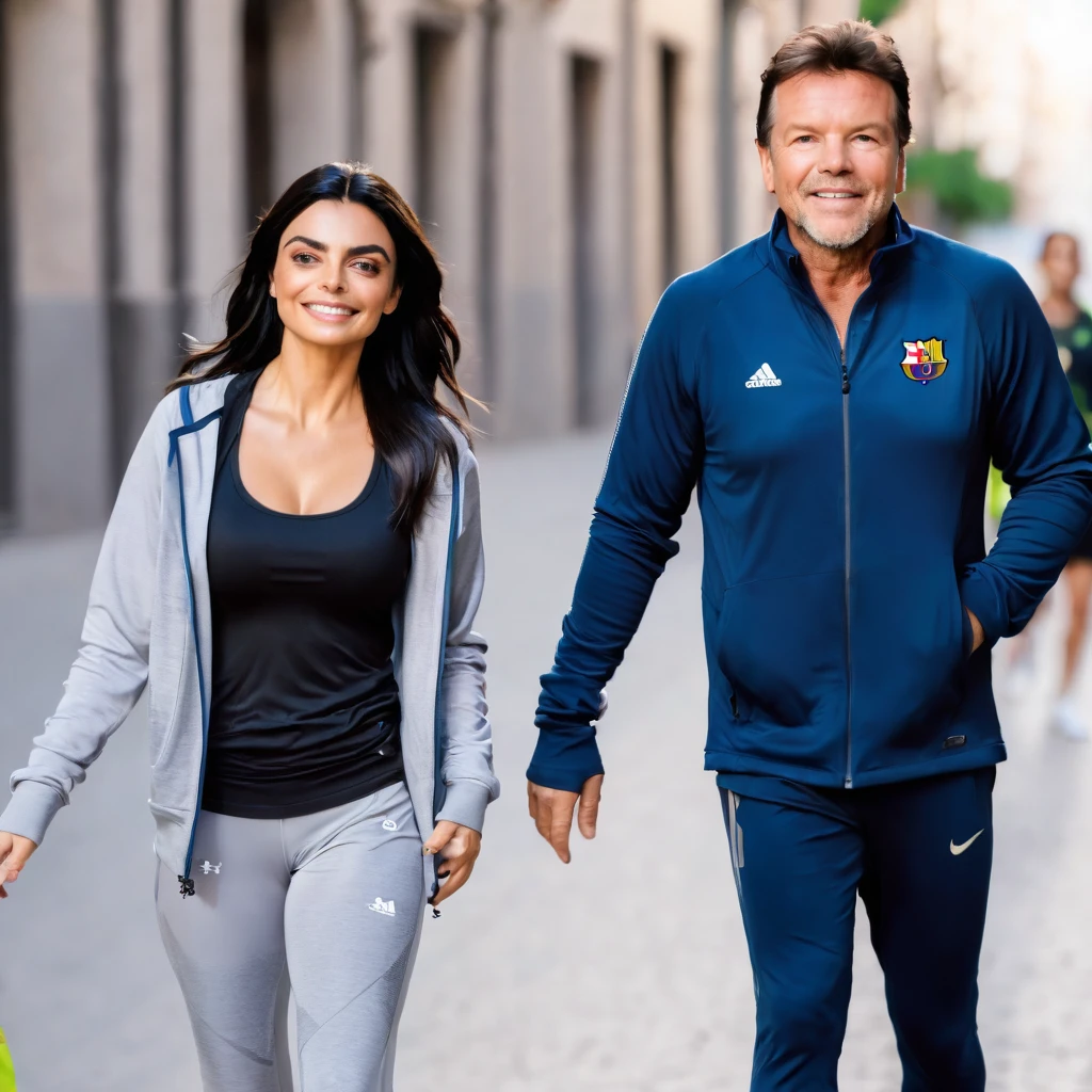Ayslinn Derbez is 25 years old and Lothar matthäus is 35 years old, she have long hair, they are happy, they are wearing sport clothes, romantic, they are walking in Barcelona, moorning