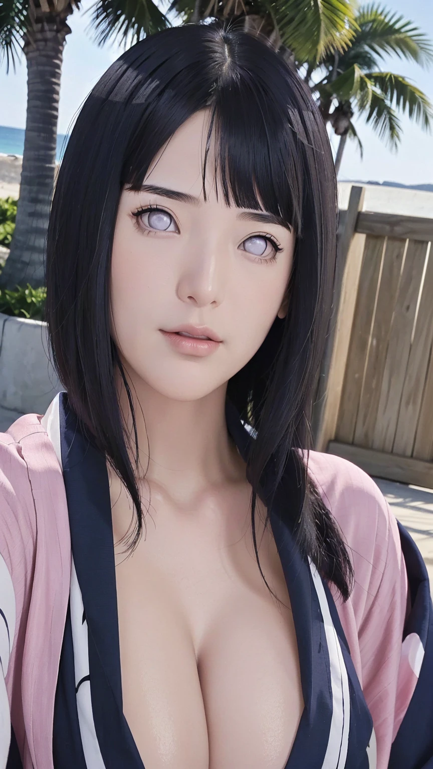 masterpiece, hinata\(boruto\), 1girl, mature women, (((Beautiful kimono))), (((Close-up photo))), (((selfie))), (((cleavage))), (((Closed Clothing))), (((big breasts))), (((big round breasts))), (((round breasts))), (((extremely heavy breasts))), (((Colossal tits))), (((heavy breasts))), (((plump breasts))), (((perfect breasts))), (((beach))), (shy face), detailed lips, beautiful face, blush, (pink lips), (((long hair))), white eyes, gentle gaze, smile, super realistic, detailed, realistic face and body, realistic hair, realistic eyes, realistic nose, realistic lips, seductive pose, (((straight bangs))), (dark blue hair), 28 year old girl