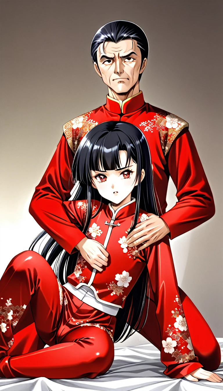 A tragic historical drama in 8k live-action style: Beautiful palace secrets　Beautiful 10 year old Chinese Kung Fu girl with long black hair has very rough unwanted sex with old man emperor　Gorgeous embroidery, Ultra glossy, She is wearing a shiny red top and bottom long sleeve floral pajama kung fu suit....　　She gets her penis thrust into her from behind by the Emperor