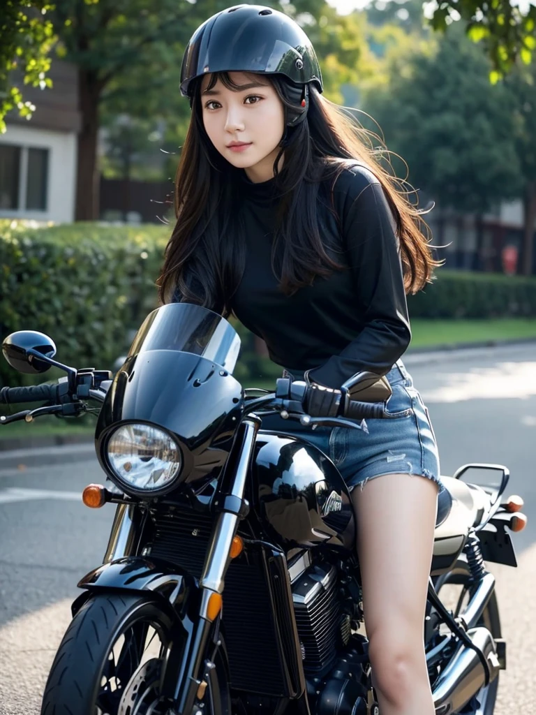 One motorcycle、parking、(Highest quality)、((Very detailed))、4K、(8K)、masterpiece、Very detailedな、Highest quality、Super Resolution、1 person、Kind Face、Soft Light、RAW quality、Soft Skin、163cm、30 years old、Long Hair、woman、Have a helmet