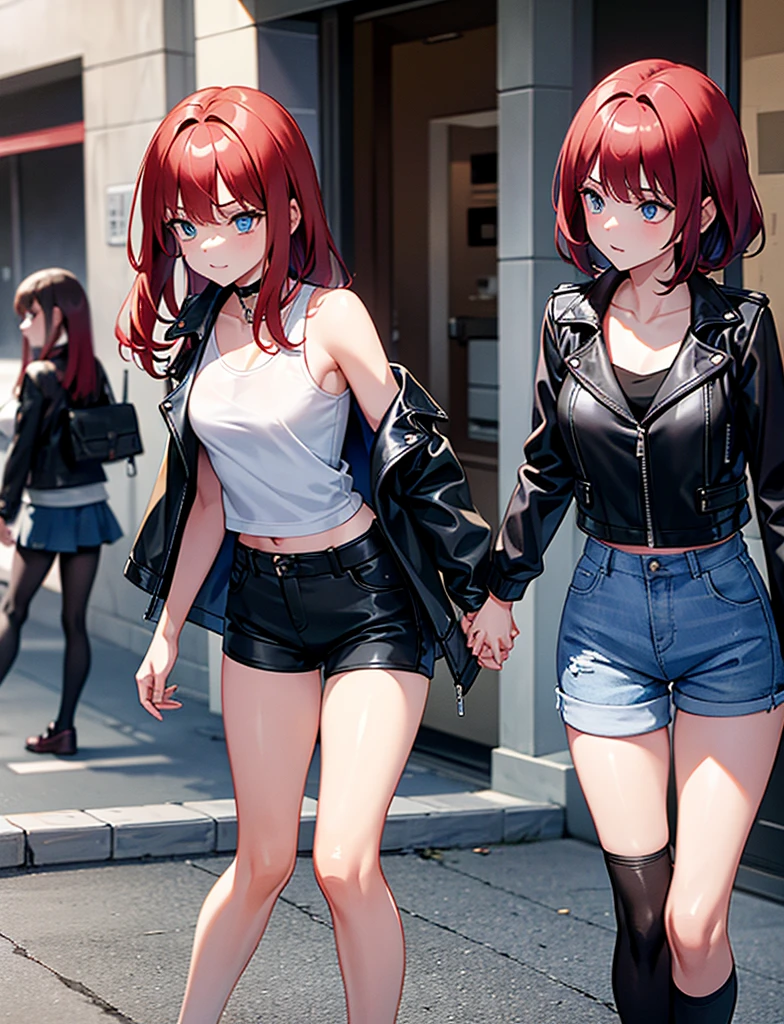 Two young girls, a young red-haired girl with blue eyes wearing a black leather jacket and a short white shirt with short blue denim shorts, and the second girl, a young girl with long black hair, blue eyes, a black leather jacket and a black shirt with short blue denim shorts., walking, dos chicas walking, chatting, chicas chatting, with daughters, with his daughters,