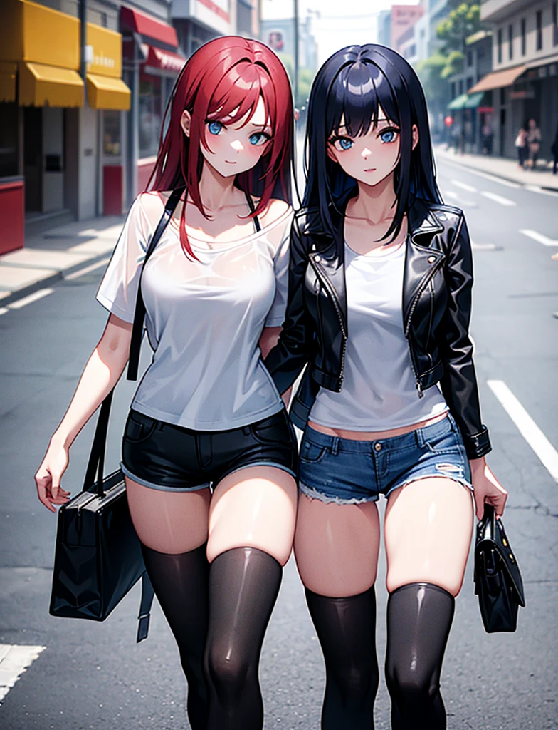Two young girls, a young red-haired girl with blue eyes wearing a black leather jacket and a short white shirt with short blue denim shorts, and the second girl, a young girl with long black hair, blue eyes, a black leather jacket and a black shirt with short blue denim shorts., walking, dos chicas walking, chatting, chicas chatting, with daughters, with his daughters,