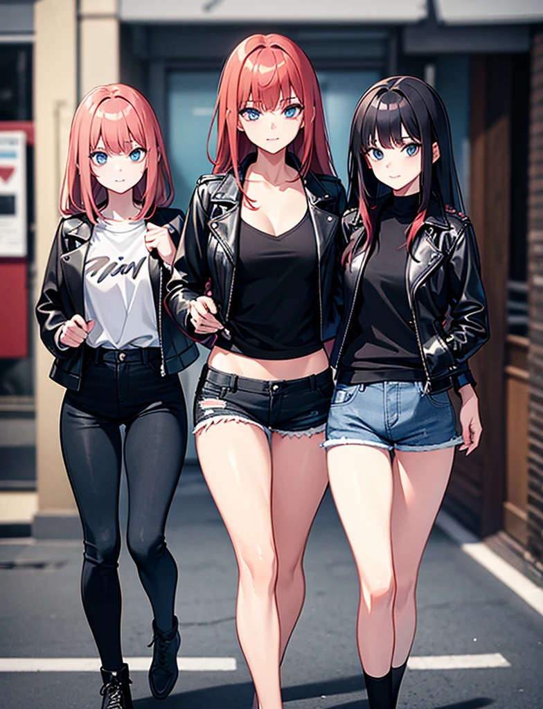 Two young girls, a young red-haired girl with blue eyes wearing a black leather jacket and a short white shirt with short blue denim shorts, and the second girl, a young girl with long black hair, blue eyes, a black leather jacket and a black shirt with short blue denim shorts., walking, dos chicas walking, chatting, chicas chatting, with daughters, with his daughters,