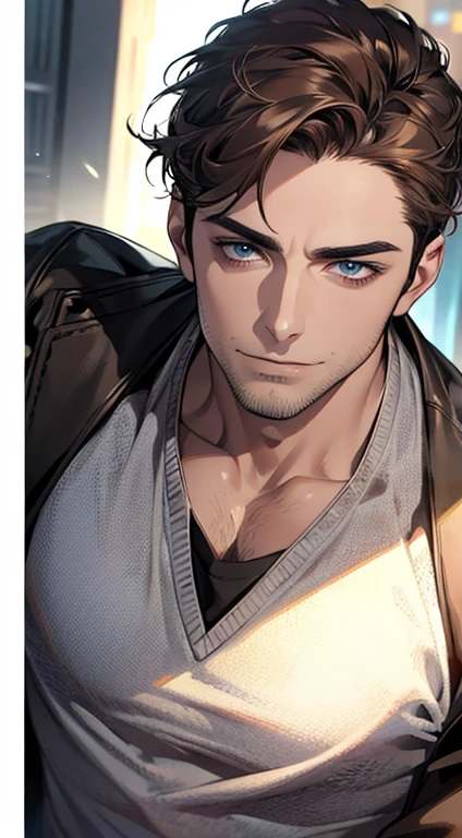 (best quality,4k,8k,highres,masterpiece:1.2),ultra-detailed,(realistic,photorealistic,photo-realistic:1.37),1 man,31 years old,mature man,very handsome,without expression,smile,short grey brown hair,blue eyes,penetrating gaze,perfect face without errors,imposing posture,businessman,office background,cinematic lighting,hdr image