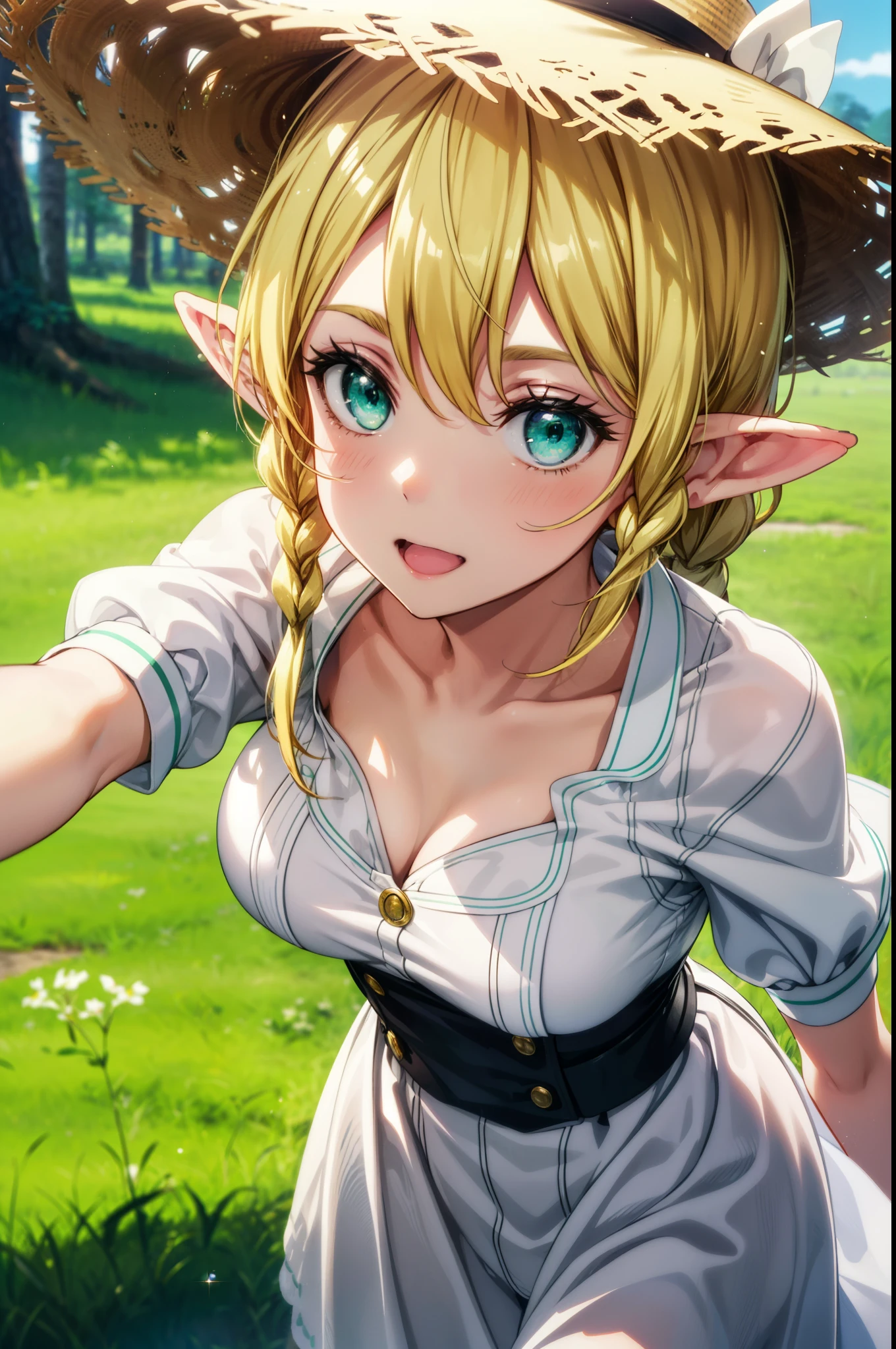 Suguhakirigaya, Suguhakirigaya, Long Hair,Blonde,Green Eyes,Pointy Ears,Short braids,,happy smile, smile, Open your mouth,Big Breasts,White straw hat,White sleeveless dress, bare arms,Green long skirt,Cute Sandals,Walking,Clear skies,whole bodyがイラストに入るように,
break outdoors, nature, forest,
break looking at viewer, whole body,
break (masterpiece:1.2), Highest quality, High resolution, unity 8k wallpaper, (shape:0.8), (Beautiful attention to detail:1.6), Highly detailed face, Perfect lighting, Extremely detailed CG, (Perfect hands, Perfect Anatomy),
