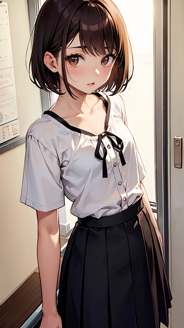 (One woman), short bob, 18 years old, Japanese, brown eyes, brown hair, slim figure, (flat chest), high school girl, classroom, school summer uniform
Break
Her blouse was transparent, revealing her black bra and bra straps.