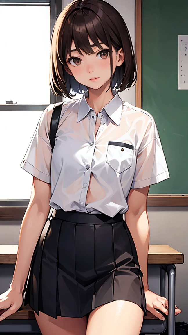 (One woman), short bob, 18 years old, Japanese, brown eyes, brown hair, slim figure, (flat chest), high school girl, classroom, school summer uniform
Break
Her blouse was transparent, revealing her black bra and bra straps.