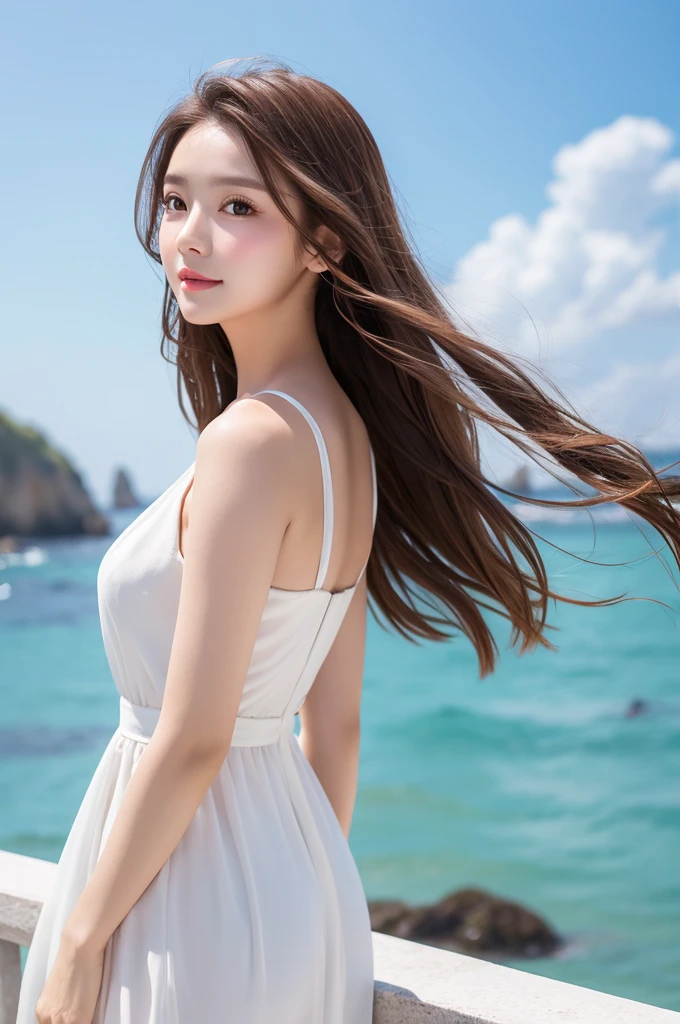 Seaside、high resolution、8K、semi-long brown hair、Natural Makeup、White dress、Turning around to invite you、