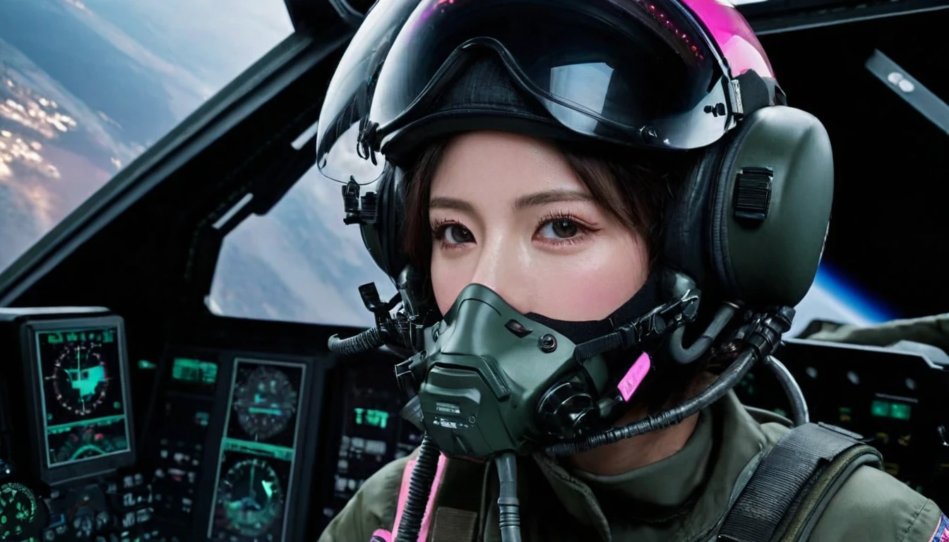 One girl, (Beautiful Face), Female fighter jet pilot, Holding a pilot pink helmet with LED interactive screen and HUD head up display on the visor, Visor-displayed targeting system, Communication Systems, Glassesをかける、Close the visor, Sexy pose, Floating Hair, Are standing, (Upper thigh shot:1.3), DT Helmets, Pink combat suit, Advanced Fighter Background, (Intricate details), High resolution, (Intricate details, Ultra-detailed:1.2), Cinematic shots, ((masterpiece, high quality, 最high quality, Official Art, Beautiful and aesthetic, Detailed face, 、Glasses)