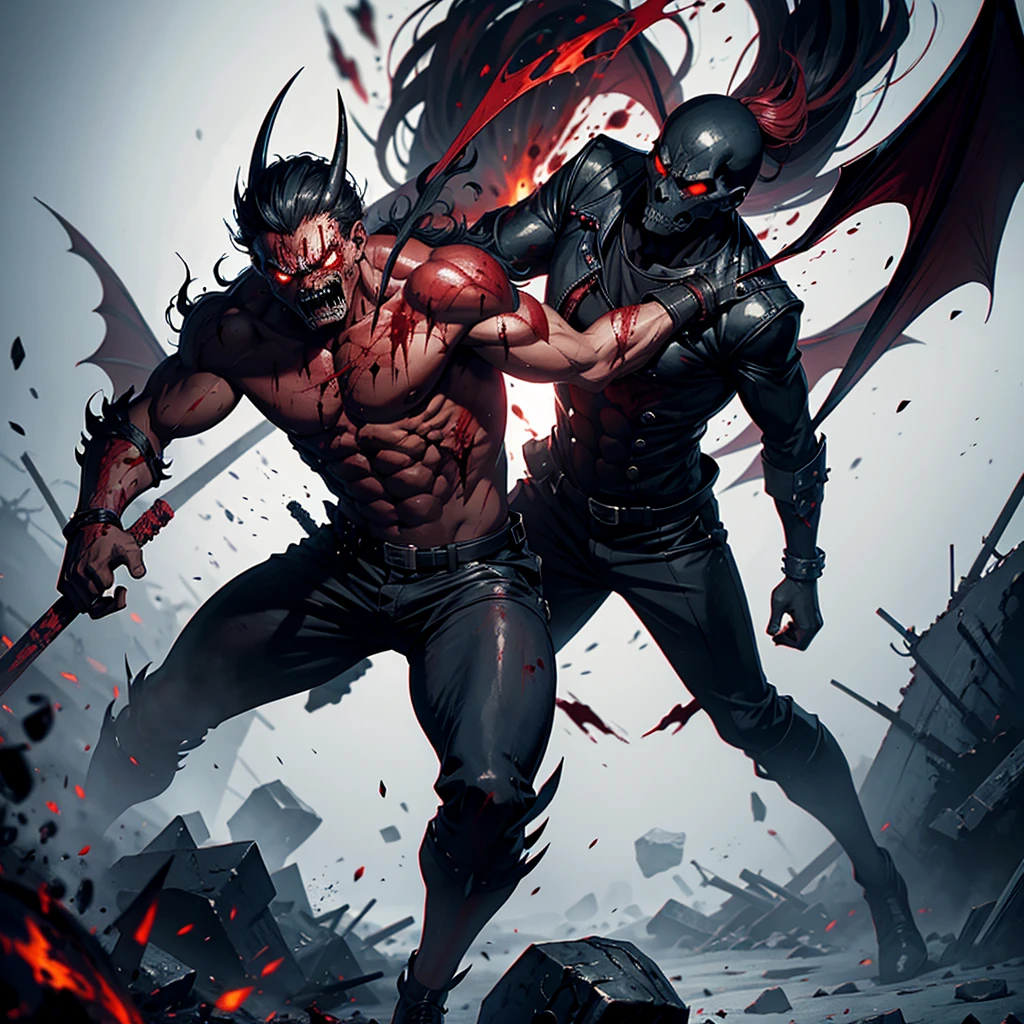 Demon man with angry face, skulls and blood, full body in fighting position