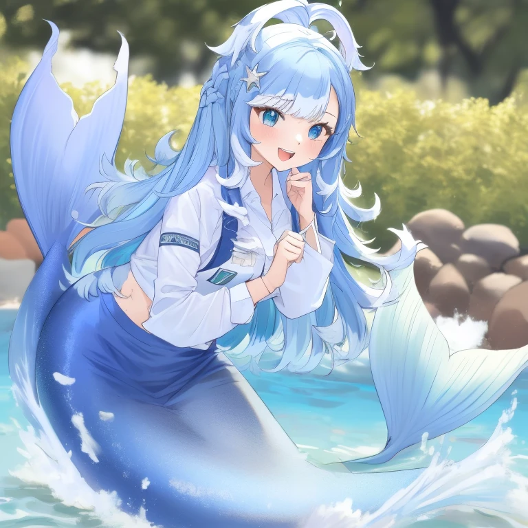 (masterpiece, best quality),  intricate details, 
1girl,   Kobo, Multicolored hair, Aqua eyes,  light blue hair, white hair tips, 
Gigantic breasts, smiling, opened mouth, wear white uniform, long Sleeve shirt, pool, mermaid tail below waistline, mermaid, gigantic breasts, wet shirt, water,