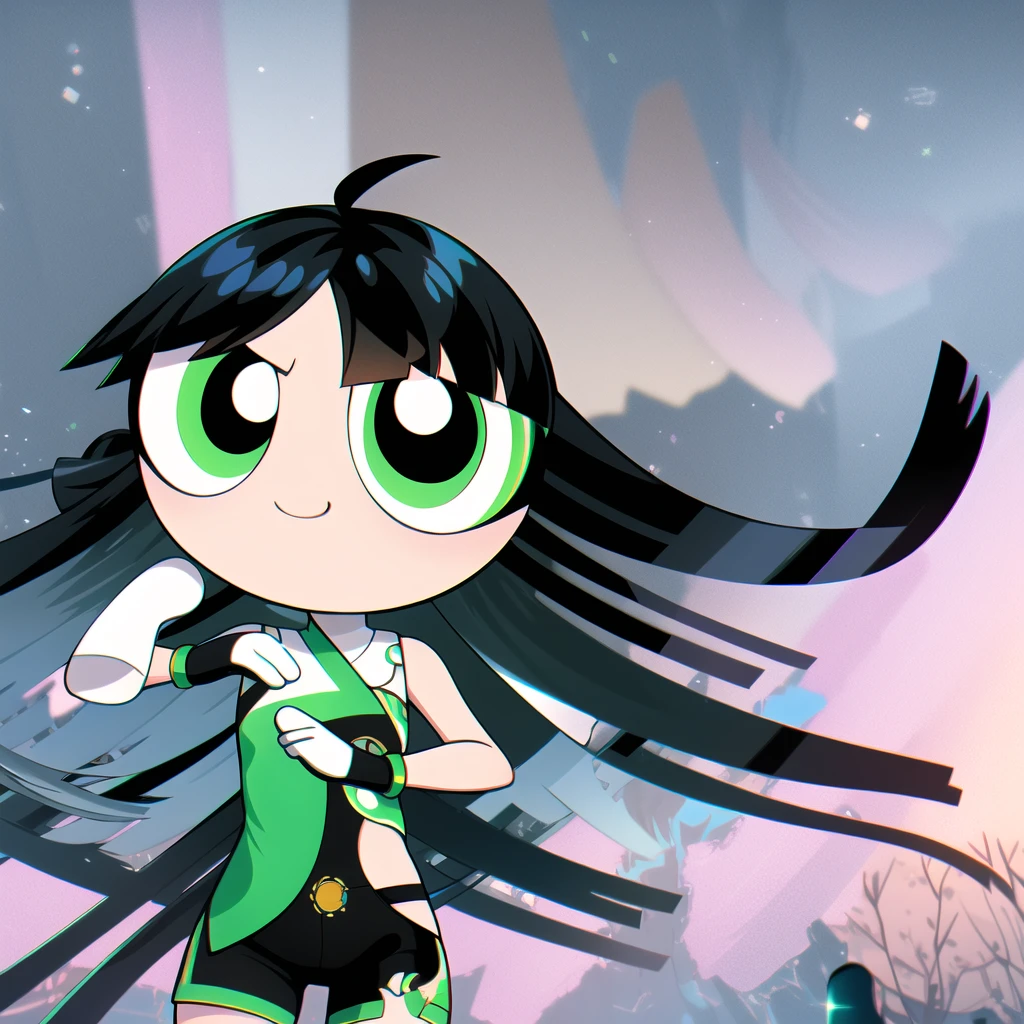 jianxindef, (long hair, gradient hair, black hair:1.3), chibi, 1girl, multicolored hair , green eyes,  gloves, jewelry, black shorts, asymmetrical gloves, (upper body),