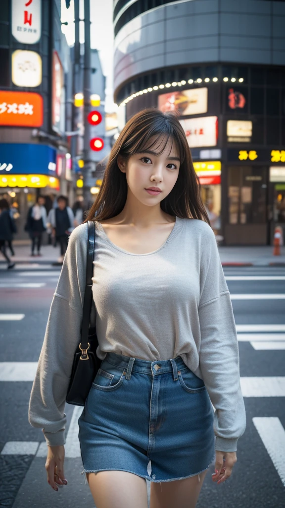 front view, A young woman is walking in street , in Tokyo, (masterpiece, highest quality, Very detailed, Ultra-high resolution, (photopractical:1.4), Original photo, (practical:0.2), 8K )
