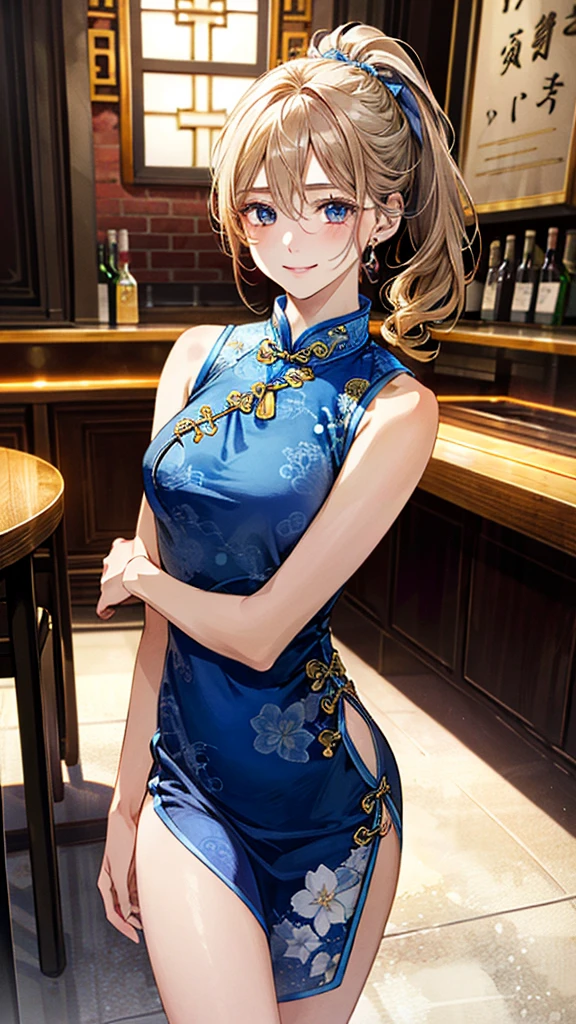 (masterpiece:1.3, Highest quality, Ultra-high resolution, Super detailed), (Realistic, photoRealistic:1.4), Beautiful illustrations, Perfect lighting, Natural light, colorful, Depth of written boundary, Surrealism, 
View your viewers, 1 Girl, , 7 heads, Perfect Face, (Perfect Anatomy), Cute and symmetrical face, Baby Face, Shiny skin, (Ideal body proportions), 
(Mid-length hair:1.5, Side Ponytail:1.2, Blonde), Hair between the eyes, Dark blue eyes, Long eyelashes, (Large Breasts:1.2,ating thighs), thin, Small Ass, thin脚, 
Beauti Hair, Beautiful Face, Beautiful attention to detail, Beautiful clavicle, Beautiful body, Beautiful breasts, Beautiful thiautiful feet, Beautiful fingers, 
((Sleeveless Blue Mini Cheongsam)), Blue High Heels, 
(Beautiful views), evening, (bar counter), (smile:1.5, happiness), 