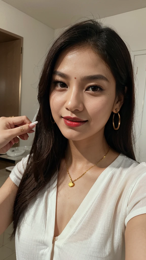 arafed woman taking a selfie with a cell phone in a luxurious room, 8k selfie photograph, indo girl, girl portrait, wearing , selfie of a young woman, young cute wan asian face, wearing headmistress white shirt, selfie shot straight on angle, with kind face, south east asian with round face, nivanh chanthara, smile, jewelry, red lips, circle earring, Sharp, UHD, 8k, gold on arm,