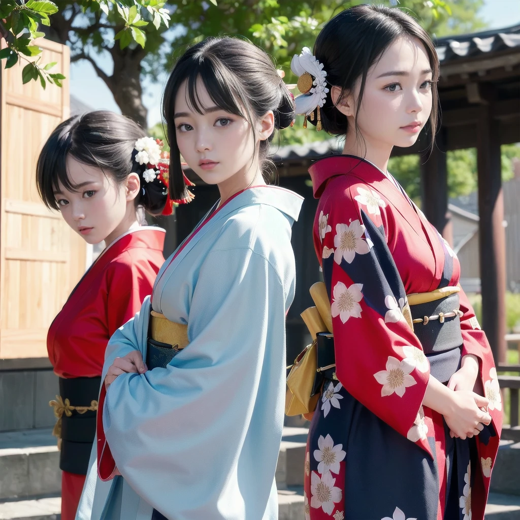 ((8K, RAW Photos, Highest quality, masterpiece), High-resolution RAW color photos、Professional close-up photography, (Realistic, Photorealism: 1.37), (Highest quality), (Best Shadow), (Best illustrations), best quality, masterpiece,
New Year, (Kimono with strikingly beautiful colors:1.7),
Three Japanese high-school cute girls, looking straight, gently smiling,
white short scarf, white feather shawl,
(separately side by side:1.4),
(The image shows only the upper body:1.7),
shrine background,
winter(season),(outdoors:1.5)