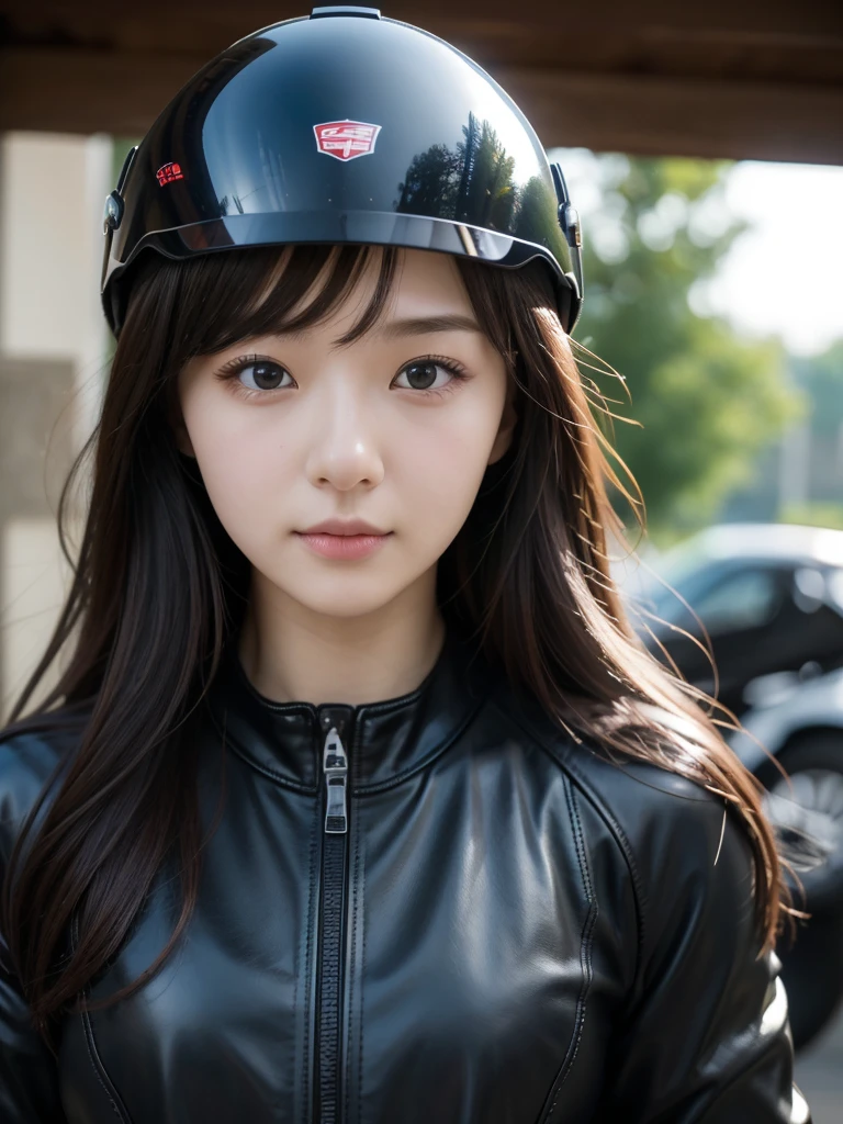 One motorcycle、parking、(Highest quality)、((Very detailed))、4K、(8K)、masterpiece、Very detailedな、Highest quality、Super Resolution、1 person、Kind Face、Soft Light、RAW quality、Soft Skin、163cm、30 years old、Long Hair、woman、Have a helmet