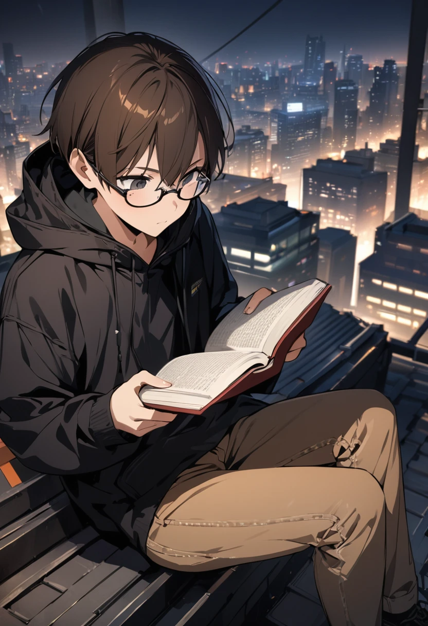 (BEST QUALITY), (MASTERPIECE), illustration, Extremely_detail, 4k wallpaper , midnight, man, black hoodie parka, brown jeans, 18 years old , brown Hair, short hair, black eyes, eye glasses, reading a book, sit on rooftop, smart, Background of the city
