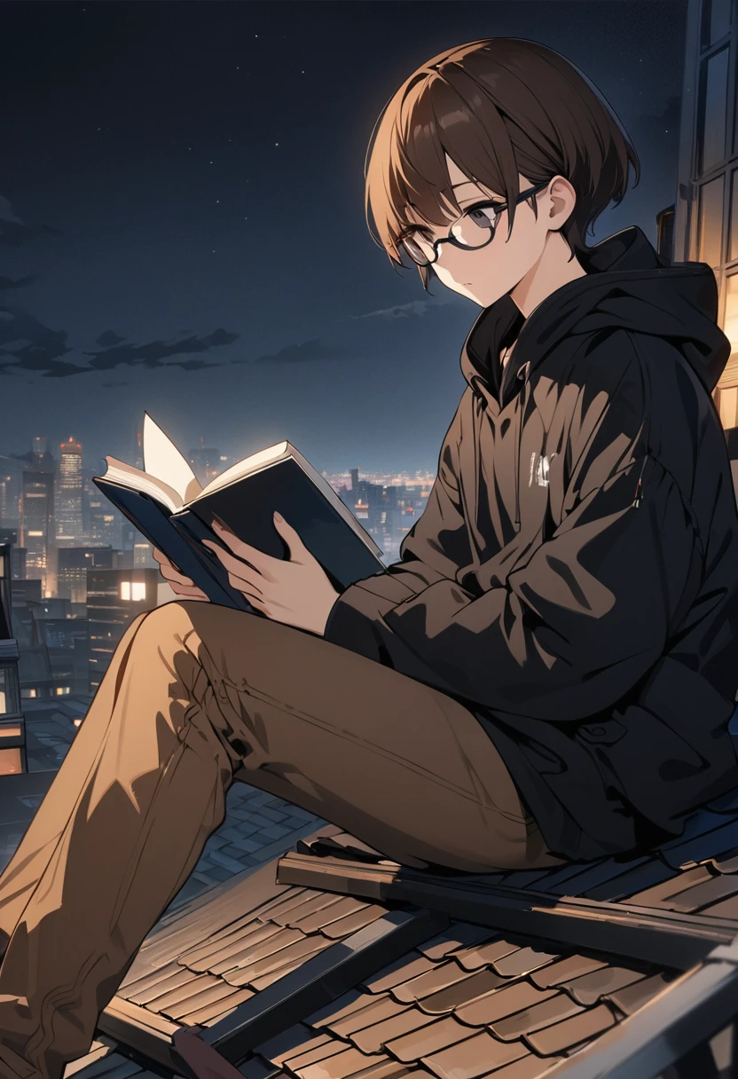 (BEST QUALITY), (MASTERPIECE), illustration, Extremely_detail, 4k wallpaper , midnight, man, black hoodie parka, brown jeans, 18 years old , brown Hair, short hair, black eyes, eye glasses, reading a book, sit on rooftop, smart, Background of the city