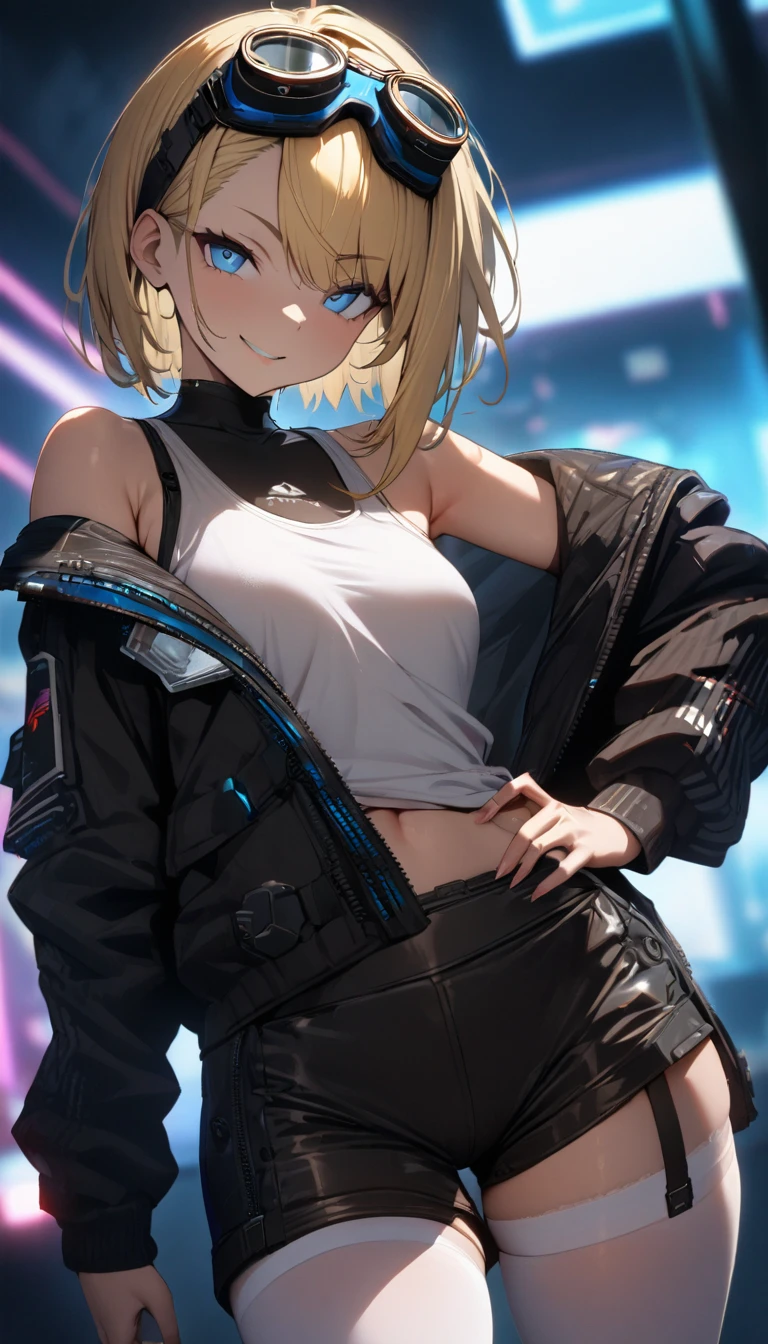 a handsome girl, , solo, blond hair, asymmetrical bob, blue eyes,(bright eyes:1.2),
cyber punk black jacket, white tank top, goggles on head,
[navel], off shoulder, open jacket, black shorts, garter rings, white tights,
expressionless, blurry background, perfect lighting, perfect angle, masterpiece, best quality, extremely detailed face,
