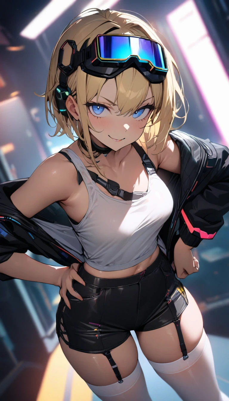 a girl, solo,
blond hair, asymmetrical bob, blue eyes, bright eyes,
cyber punk black jacket, tank top, goggles on head,
naval, off shoulder, open jacket, black shorts, garter rings, white tights,
naughty smile,
one hand on hip, blurry background, perfect lighting, perfect angle, masterpiece, best quality, extremely detailed face,