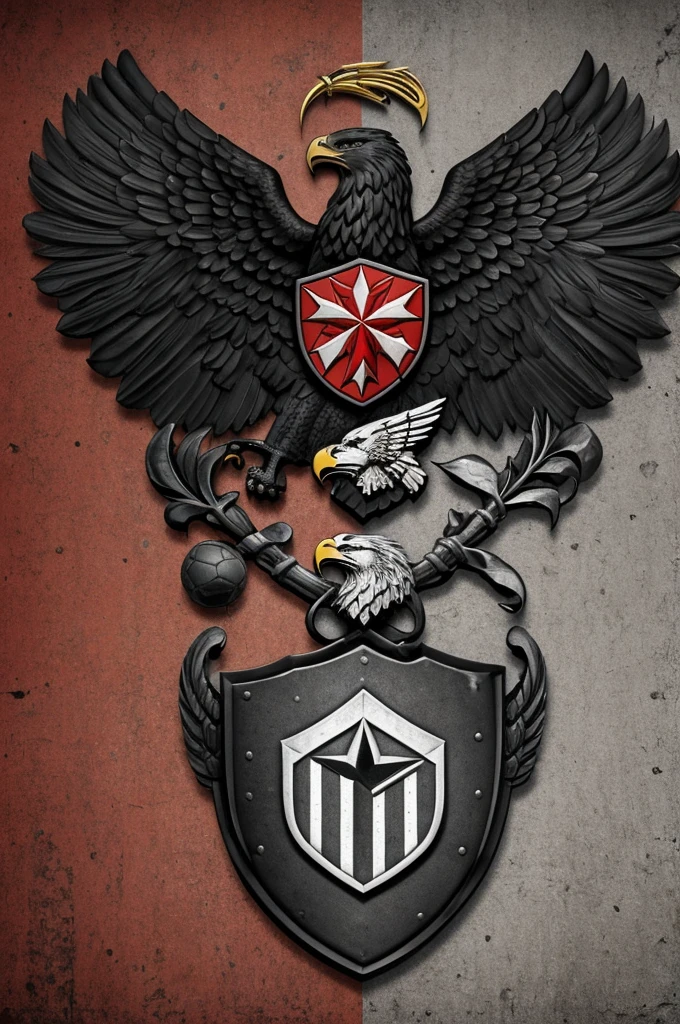 and **shield** pentagon-shaped with golden edges.
- En la parte superior del shield, name "**Atlético P1C**” en anda tipografía audaz de color rojo.
- En el centro del shield, and **soccer ball**.
- Flanking the ball, On the sides, and **Lion** rugiendo a la izquierda y and **Eagle** with wings open to the right.
- Fondo del shield en color negro para destacar los demás elementos.
- Additional details such as dark gray diagonal lines in the background to give texture.