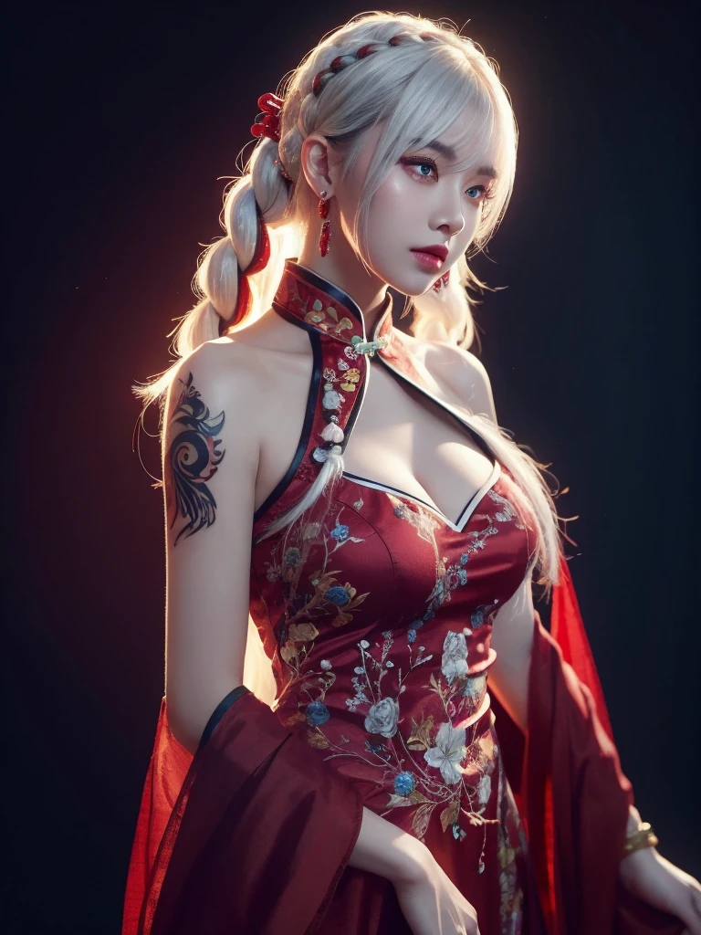 vibrant colors, female, masterpiece, sharp focus, best quality, depth of field, cinematic lighting, white hair, red eyes, braid, dress, long hair, red eyes, tattoo, earrings, jewelry, black dress, hair ornament, bangs, chinese clothes, breasts, china dress, sleeveless, 