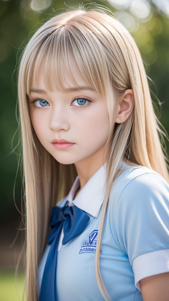 ( cute sexy little beautiful face)、Shiny hair dancing in front of a pretty face, Long silky bangs, Sexy and cute baby-faced n witnde hair, Shining light straight hair, Very beautiful large pale light blue eyes, Small Face Beauty, Fair and glowing skin, (School uniform), Small beautiful breasts, ((Detailed eyes and face:1.2, Professional photography techniques)), Highest quality, 8K, masterpiece, RAW Photos, Photorealism, View the viewer, blush