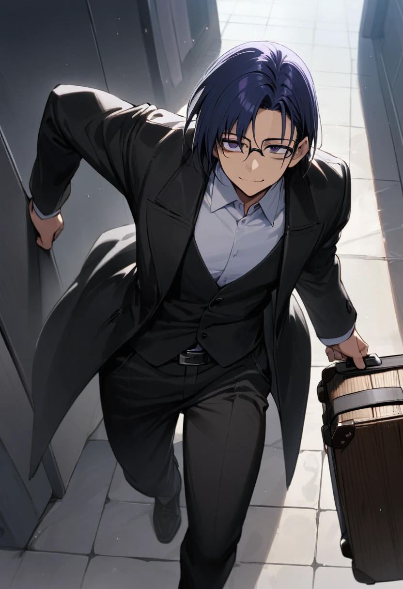 (adult), (man) ((tall)), ((ciel (tsukihime) )), masterpiece, best quality, very aesthetic, absurdres, shiny skin, Perfect face, Perfect shadowing, Perfect cloathing, skindentation, (dark blue hair)), messy fuss hair, purple eyes, colegial white shirt, black vest, glasses, ((black coat)), black cargo pants, colegial, carrying a wooden case with strap, bags under eyes, ((faint smile)), draw by asura.