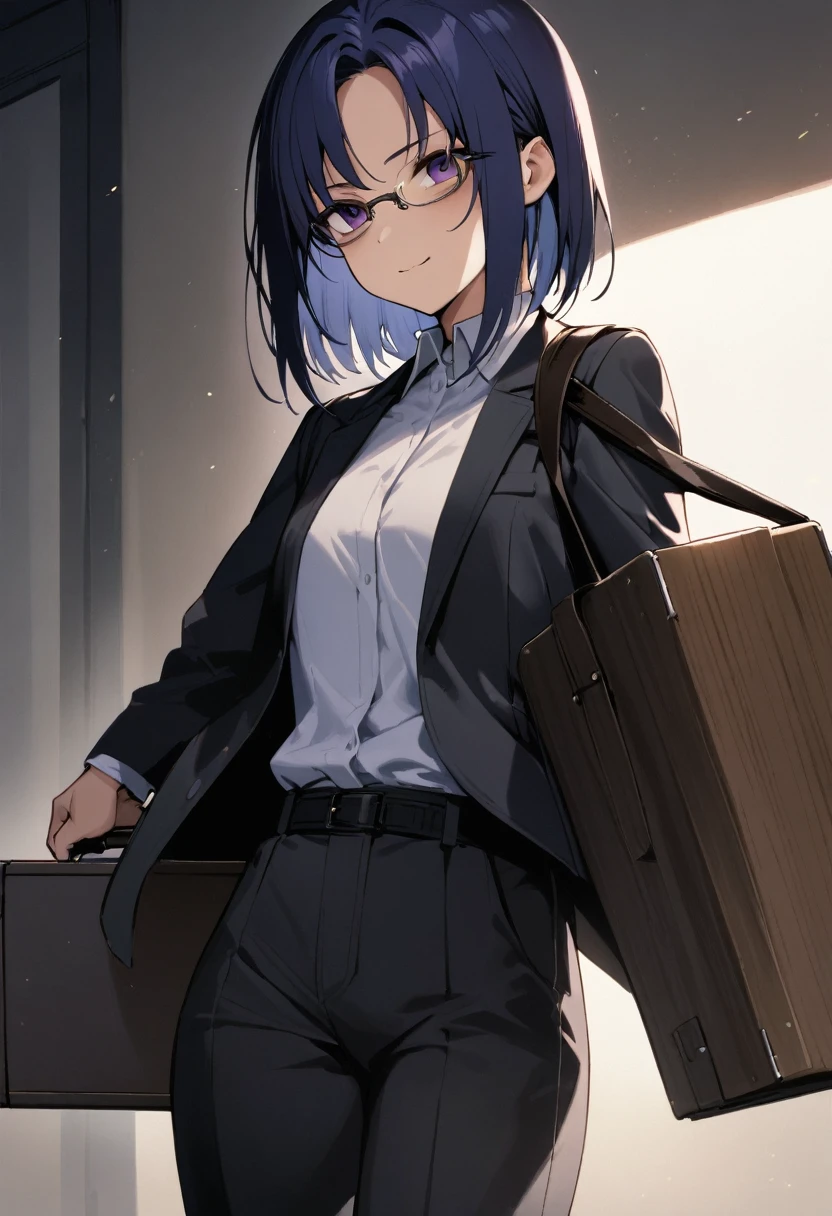 (adult), (man) ((tall)), ((ciel (tsukihime) )), masterpiece, best quality, very aesthetic, absurdres, shiny skin, Perfect face, Perfect shadowing, Perfect cloathing, skindentation, (dark blue hair)), messy fuss hair, purple eyes, colegial white shirt, black vest, glasses, ((black coat)), black cargo pants, colegial, carrying a wooden case with strap, bags under eyes, ((faint smile)), draw by asura.