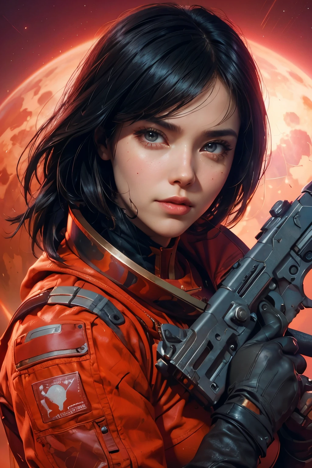 Close-up of a woman holding a gun in front of the red planet, Alena Aenami and Artgerm, Vojtek Fuss, Artgerm JSC, Artgerm and Craig Mullins, Craig Mullins and Art Germ, Artgerm Julie Bell Beeple, Unreal 5. RPG Portrait, Alena Aenami and Android Jones