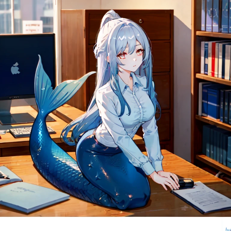 1girl, mermaid, mermaid tail below waistline, jingliu \(honkai: star rail\), expressionless, office lady, collared shirt, office, cowboy shot, indoors , depth of field