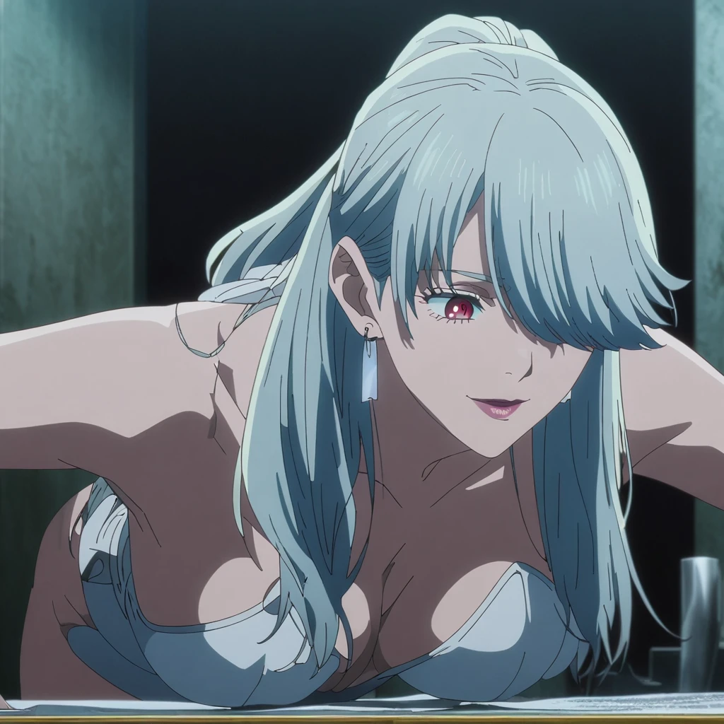 1girl, female gojo satoru, anime screencap from jujutsu kaisen, gojo satoru female version, solo, long_hair, Red eyes (silver_hair)), (hanging breasts) upper_body, smile, indoors, book, red_eyes, lips, ( ponytail) ((wearing bunny outfit ) breast, "very detailed and high resolution" (Red eyes) ((long hair, hair over one eyes)) ((solo)) (earings) ((high resolution)) ((good quality)) ((side bangs)) ((full body))