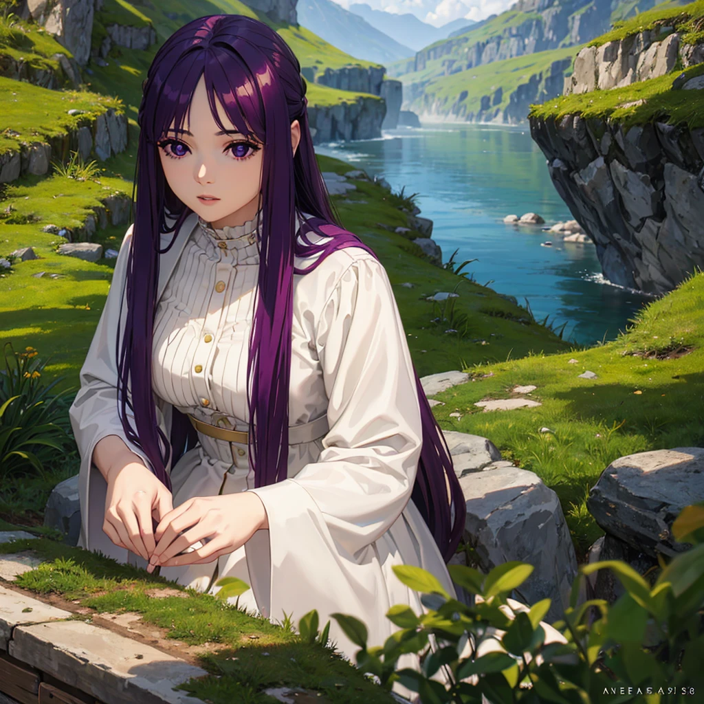 A young girl with long purple hair, beautiful detailed eyes, beautiful detailed lips, extremely detailed face, long eyelashes, wearing a flowing dress, serene expression, sitting on a mossy rock in a fantasy landscape, (best quality,8k,highres,masterpiece:1.2),ultra-detailed,(realistic,photorealistic:1.37),cinematic lighting, vibrant colors, dramatic lighting, dramatic clouds, golden hour