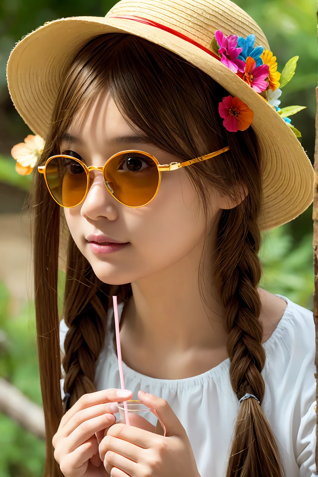 1 girl, alone, extremely detailed eyes, starfish, shell, shell, flower, have, Hair accessories, jewelry, straw hat, View viewer, Sun Glasses, hatflower, straw, Hairpin, Earrings, Red flower, have色眼鏡, yellowflower, Bangs, English text, colorful hair, orangeflower, black hair, ring, cup, long hair, orange glasses, food, brown hair, portrait, shell髮飾