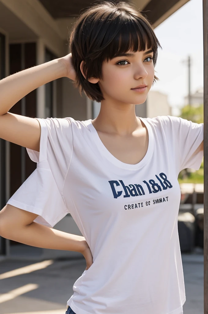 Create an 18 year old girl with short hair and a t-shirt with an opening on her chest 