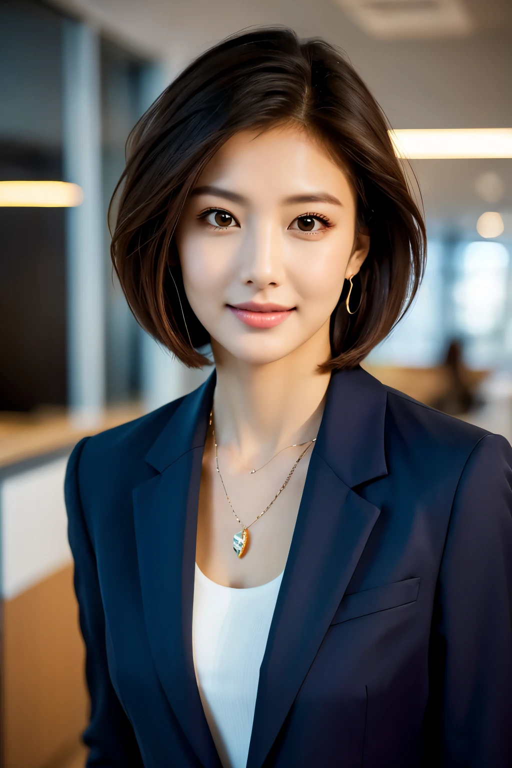 最high quality, 8k, masterpiece, Realistic, high quality, Beautiful and exquisite face and eyes, OL, a stylish suit, Half Body Shot, Professional Lighting, Vibrant colors, Confident expression, Facing forward, (Looking into the camera), short hair, Modern office environment, Warm tones, Sharp details, Glossy finish, Cleavage