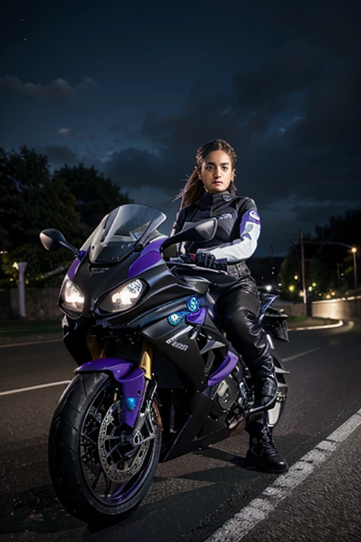 Girl in black hamlet and black baggy outfit on a dark purple BMW S 1000 RR