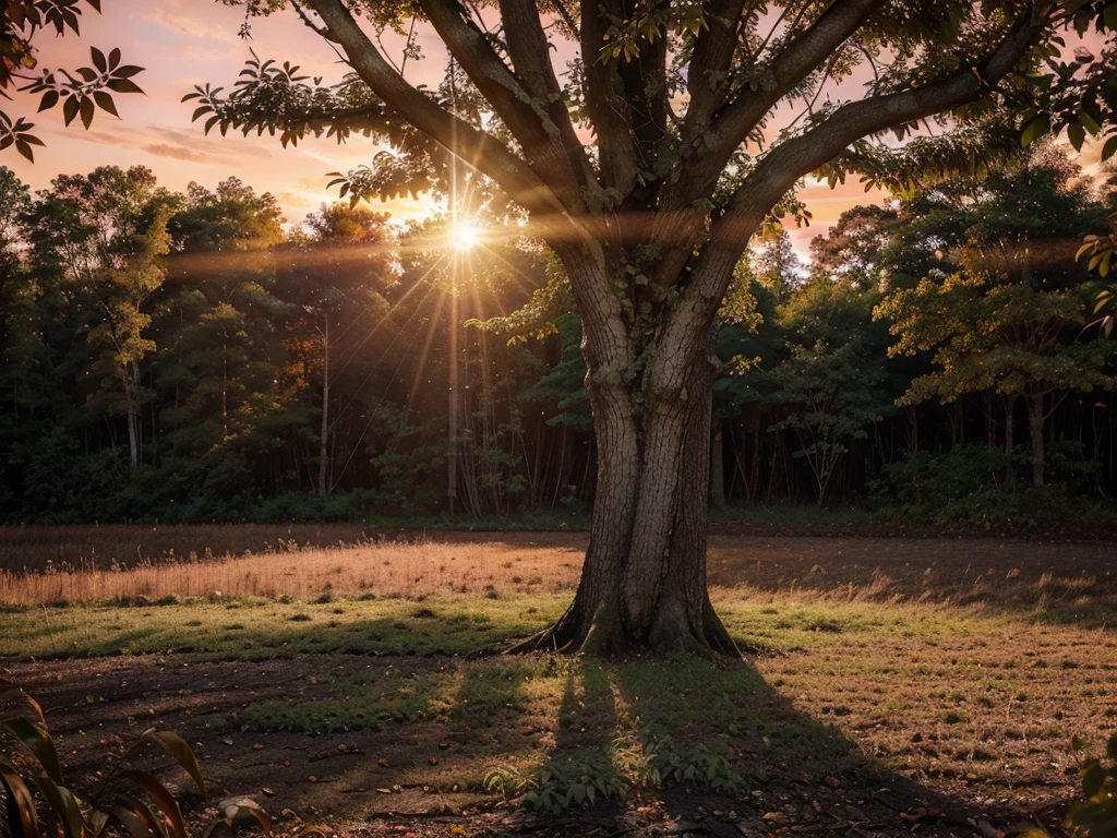 A beautiful sunset over a lush forest, 1 large tree in the foreground, vibrant orange and pink sky, sun peeking through the branches, detailed foliage, intricate bark texture, dramatic lighting, photorealistic, cinematic composition, highly detailed, 8K, masterpiece, professional art