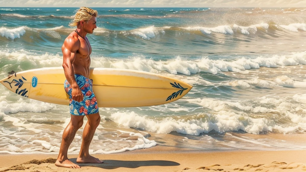 Blonde fit man on beach with surfboard, detailed surfboard, longboard, waves, sunshine, 50s surf scene, surf competition, Hawaiian surf scene, the beach boys Era, 